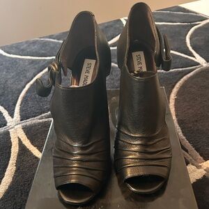 Steve Madden Black Leather Peep-Toe Ankle Strap Heels